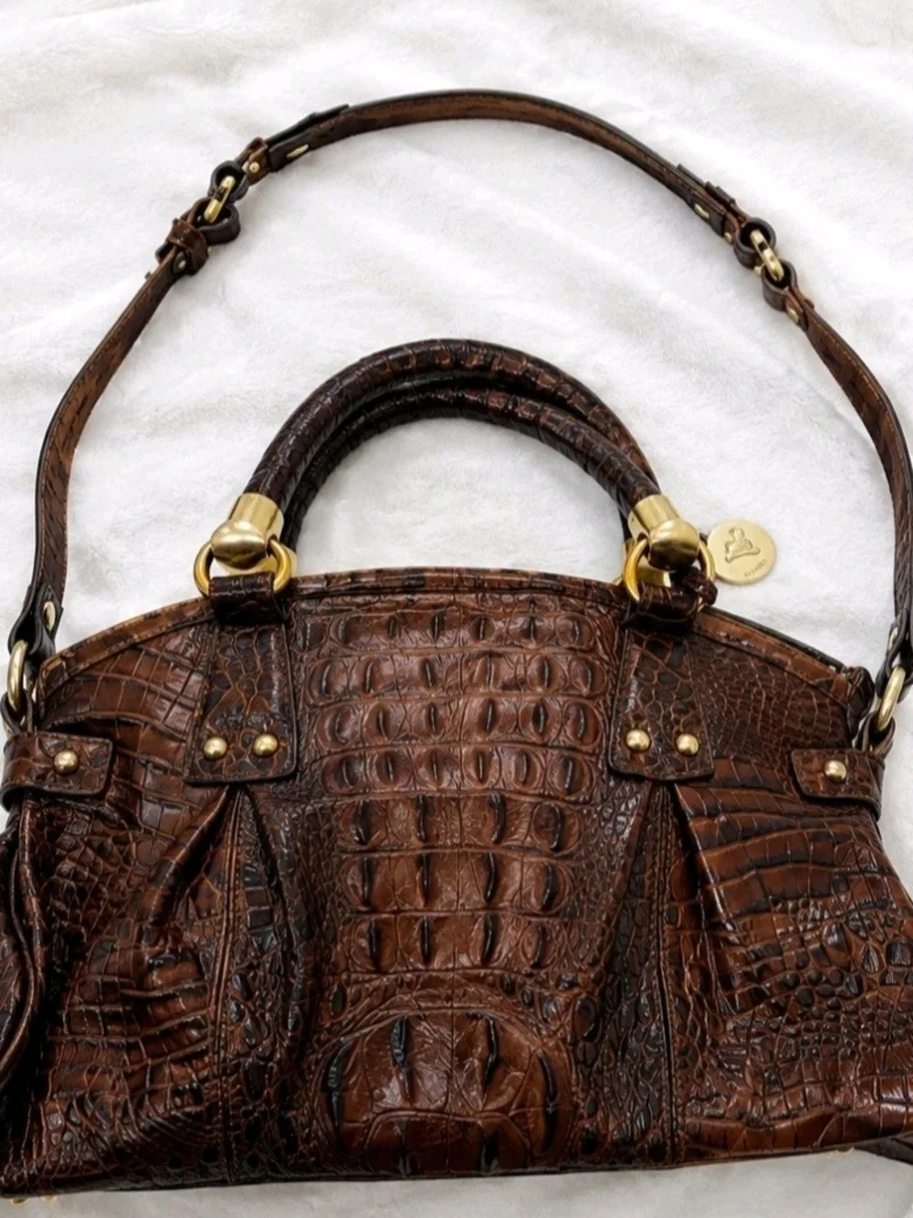 Brahmin Women's Brown Embossed Croc-Style Satchel Top Handle Bag Gold Hardware